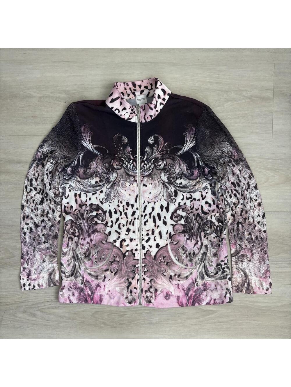 Chico’s Zenergy Y2K Pink Leopard Rhinestone Baroque Zip Up Jacket